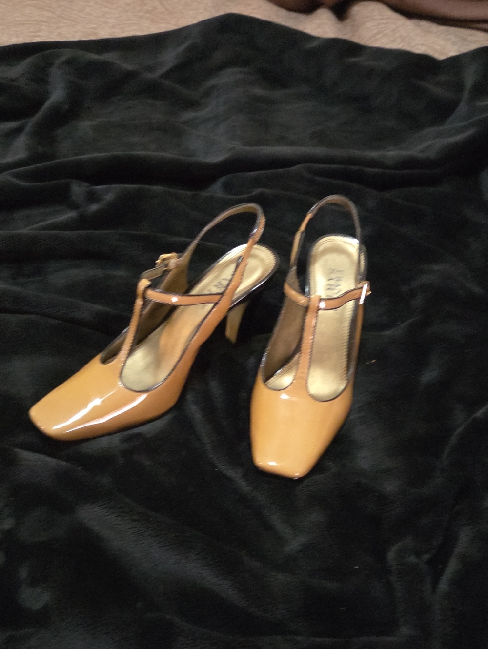 Franco Sarto Patent T-Strap Heels in Camel